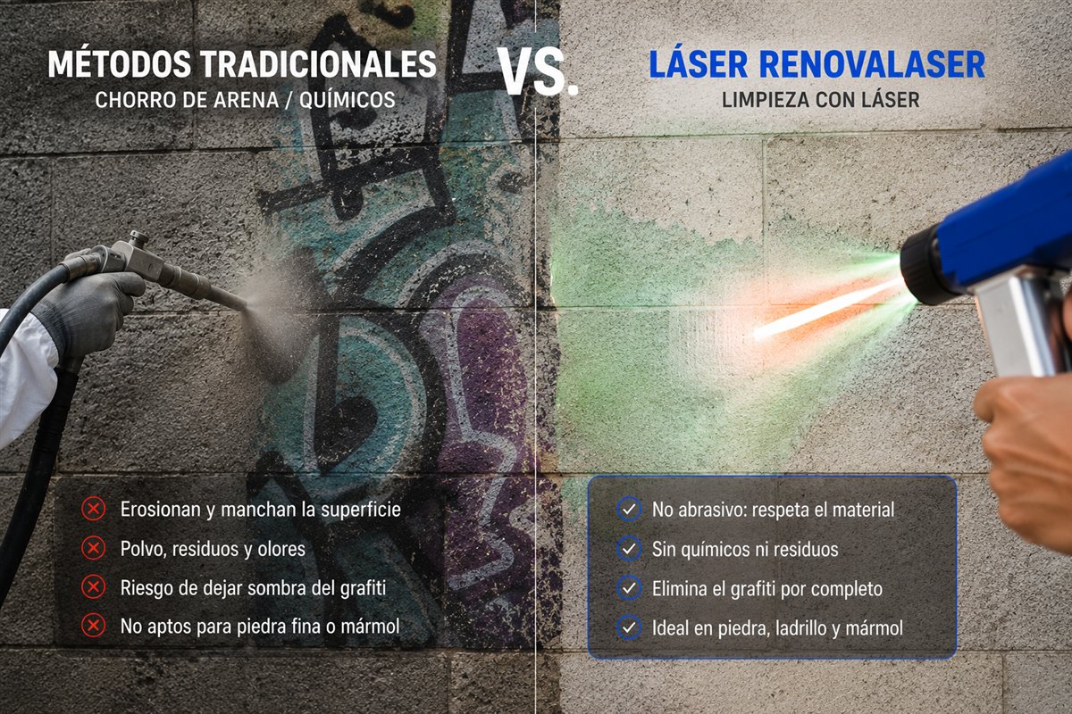 Comparativa: chorro de arena y qu&iacute;micos frente a limpieza de grafitis con l&aacute;ser
