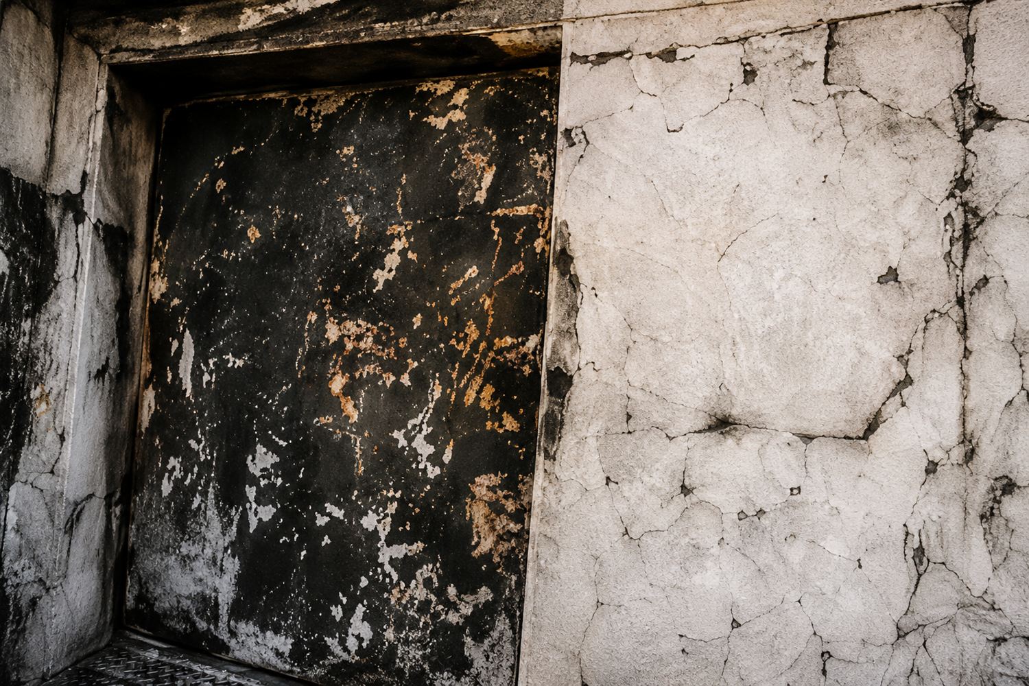 Muro de garaje ennegrecido por el hollín tras un incendio