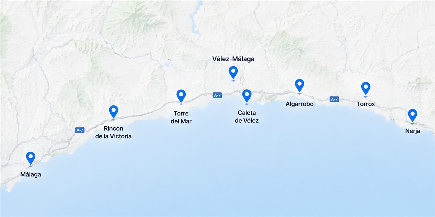 Mapa de la Axarquía (Málaga) con las zonas de servicio